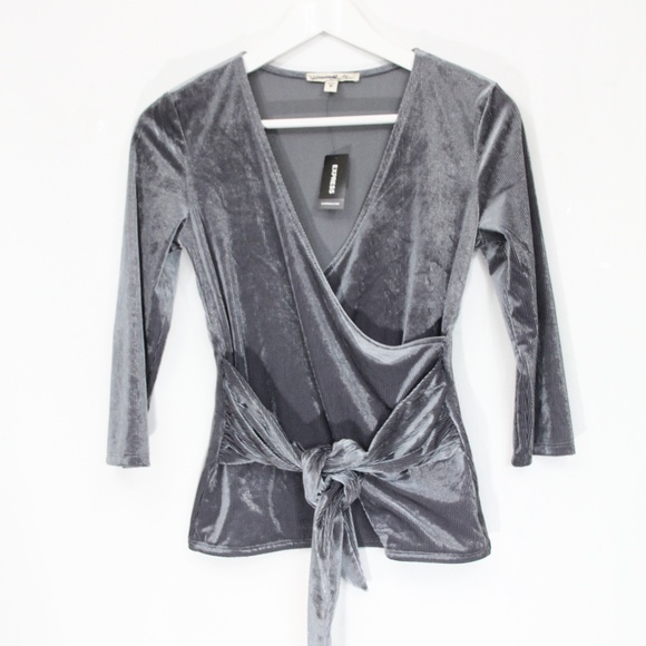 Express Ribbed Shirt Women Velvet Top NEW Faux Wrap XS gray V Neck - Picture 1 of 7